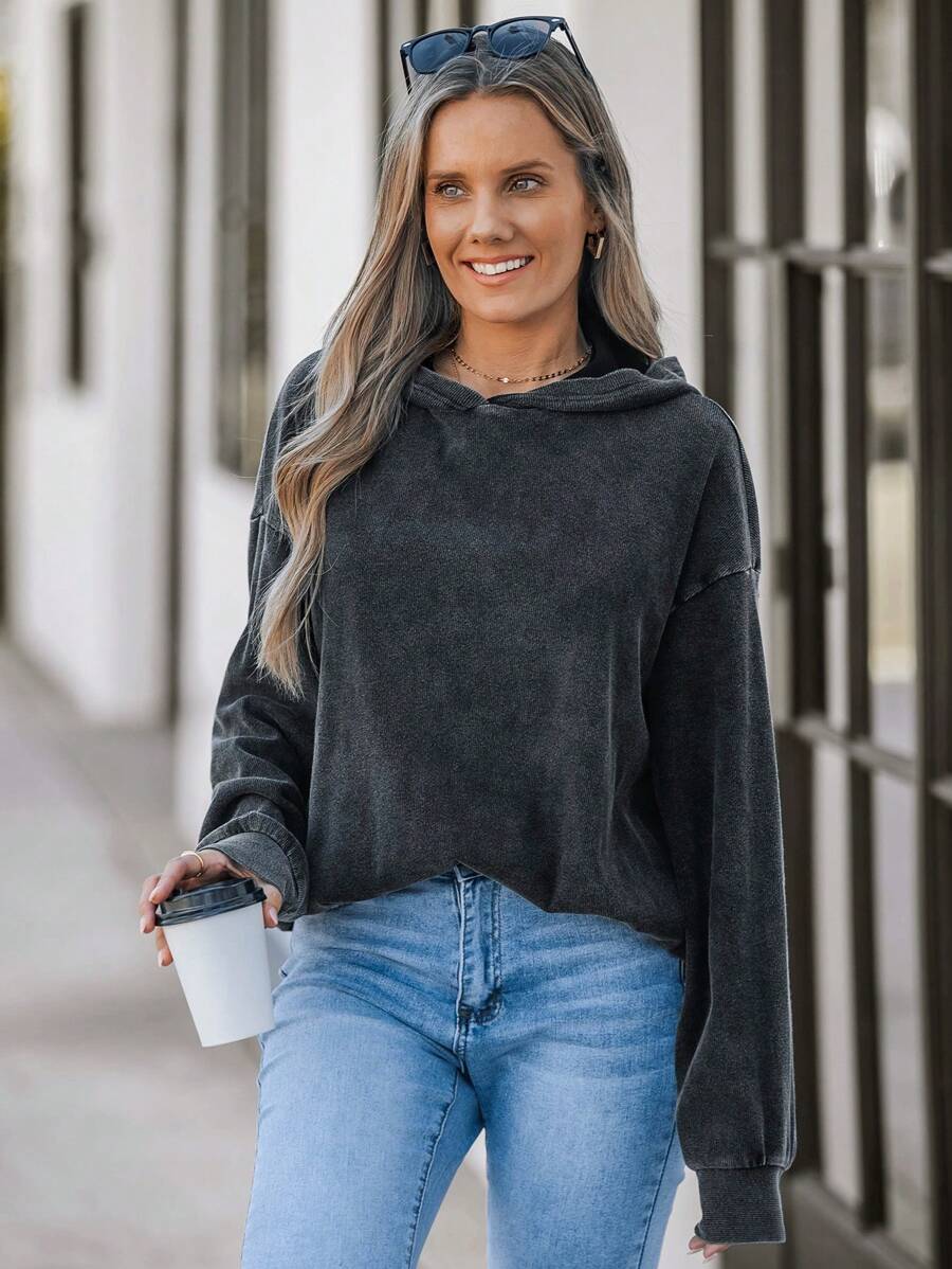 SHEIN LUNE Women's Casual Hoodie With Shoulder Drop Long Sleeves, Loose Fit