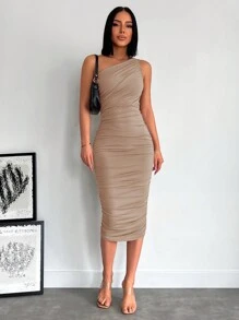 EURMUSE One Shoulder Ruched Bodycon Dress - Apricot - View 4