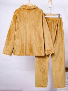 2pcs Set Older Boys Thickened Plush Yellow Simple Fashion Little Bear Embroidered Logo Long Pants And Long Sleeve Cardigan, Comfortable Pajama Set For Autumn & Winter