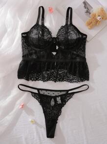 PetitDoll Bộ đồ lót hở lưng ren hoa xếp nếp lãng mạn, dễ thương, gợi cảm, đồ lót cỡ lớn - màu đen - Xem 6