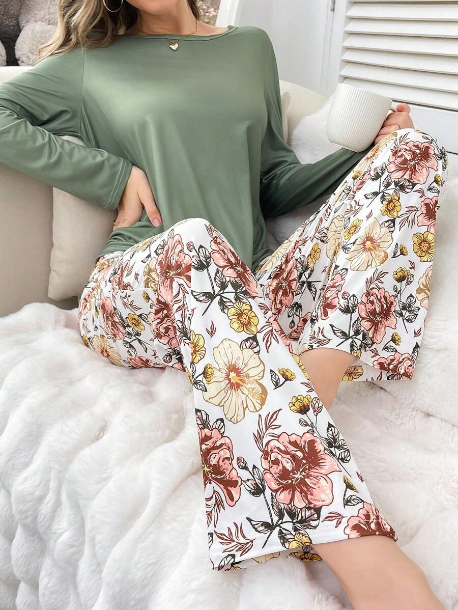 SHEIN 女士优雅纯色上衣搭配碎花长裤睡衣套装，秋冬服装 - 彩色 - 查看 1