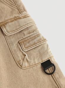 SHEIN 男婴街头酷时尚做旧复古宽松卡其色牛仔工装裤，休闲百搭，适合婴儿室内/室外服装和日常服装 - 卡其色 - 查看 4