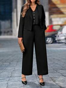 SHEIN Clasi Plus Size Women 3-Piece Set: Blazer Vest & Trousers - Black - View 5