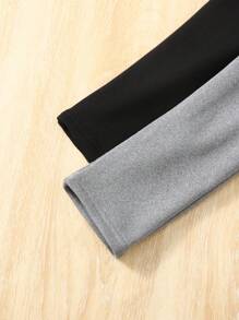 2pcs Tween Girls Casual Solid Color Knit Thermal Lined Leggings With Patch, Suitable For Autumn/Winter