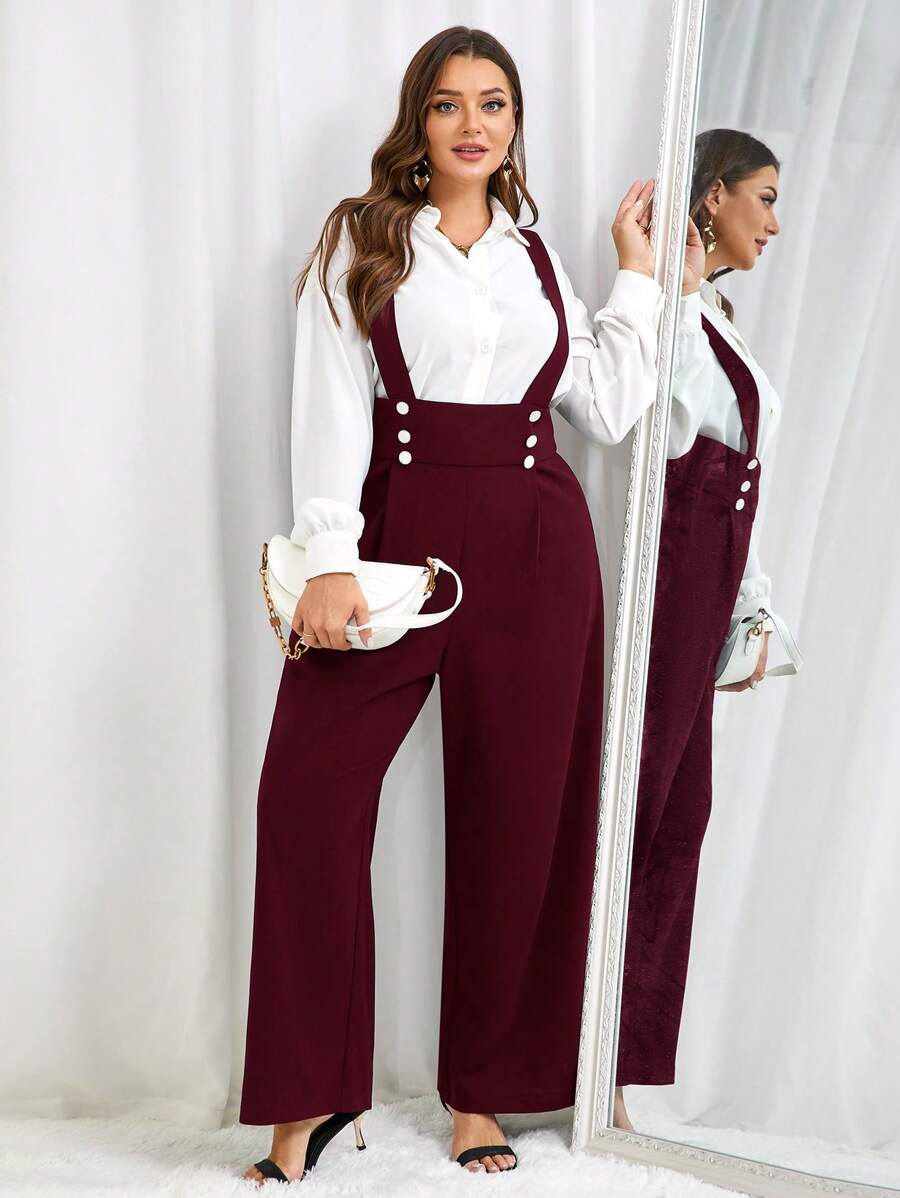 SHEIN Frenchy 大码女式秋季纯黑色休闲连身裤优雅双排扣连体裤，办公室服装 - 酒紅色 - 查看 1