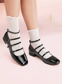 CUCCOO DOLLMOD Women's Black Multi-Strap Low Heel Square Toe Mary Jane Flats, Suitable For Commuting, Dating, Gathering, Strolling, And Parties Valentine's Day - Black - View 5