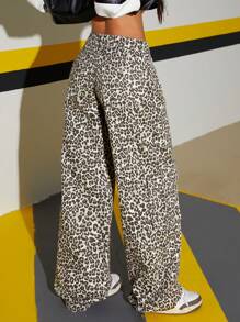 SHEIN Tall Women's Leopard Print Utility Pocket Wide-Leg Loose Casual Pants - Multicolor - View 2