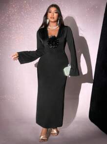 Viva Relle Plus Size Elegant Knitted Flower Ruched Dress,Valentine - Black - View 3