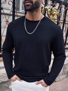 Manfinity Homme Camiseta casual de manga larga de cuello redondo de unicolor para hombres de talla grande