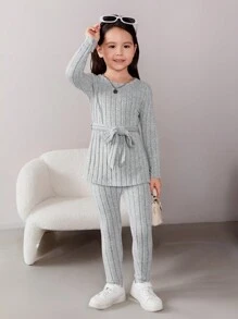 SHEIN 女小童條紋針織腰帶T恤和緊身褲