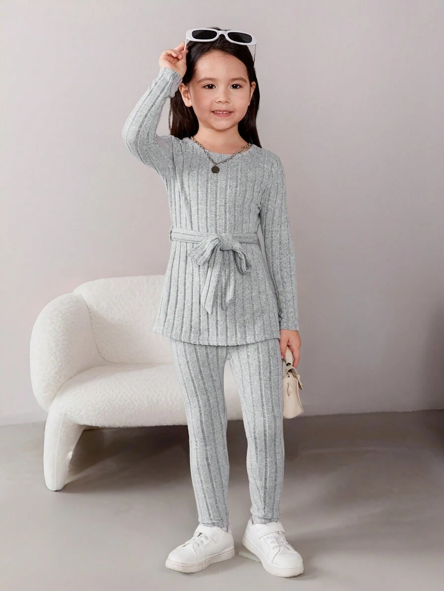 SHEIN 女小童條紋針織腰帶T恤和緊身褲