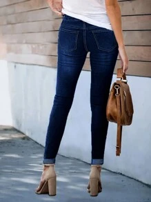 女式修身纽扣口袋弹力紧身牛仔裤 - 深色水洗藍 - 查看 3