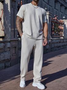 Manfinity Homme 大码男士简约休闲日常纯色 T 恤套装 - 卡其色 - 查看 5