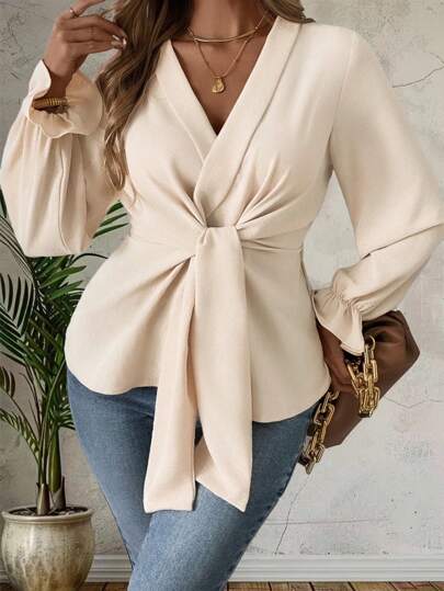 Calvaya Plus Size V-Neck Shirt, Elegant Office Wear, Crossed Collar, Tie Waist, A-Line, Slim Fit Fall Cloth For Women