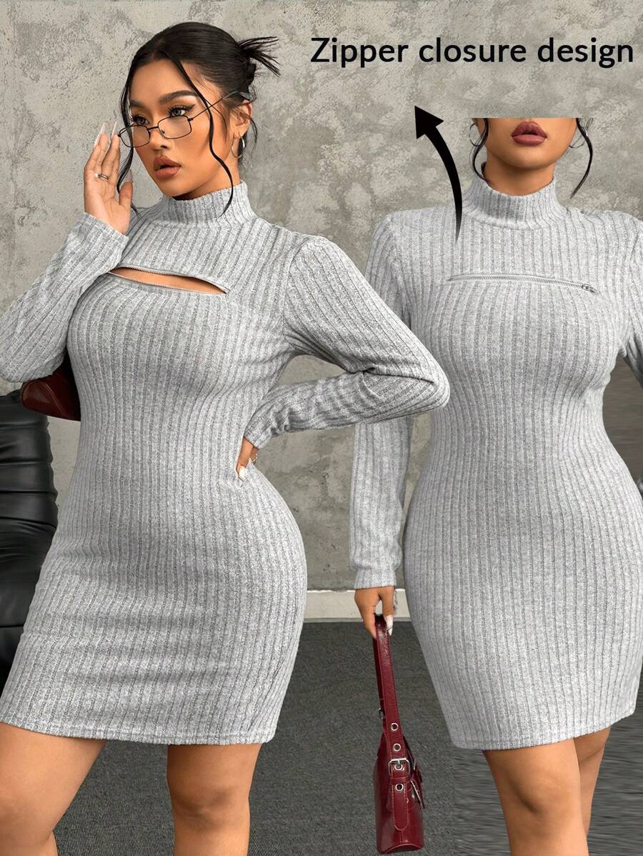 SHEIN EZwear Plus Size Women Ribbed Zip Detail Fitted Midi Dress, Autumn/Winter - Grey - View 1
