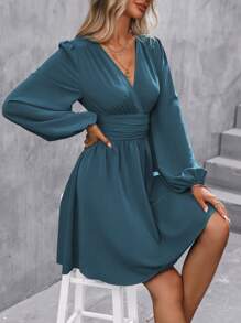 SHEIN Clasi Đầm suông buộc dây cổ chữ V tay dài màu trơn cho nữ thường ngày - Màu xanh ngọc - Xem 6