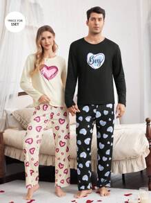 Manfinity Conjunto de pijama para hombres con estampado de letras y corazones de manga larga