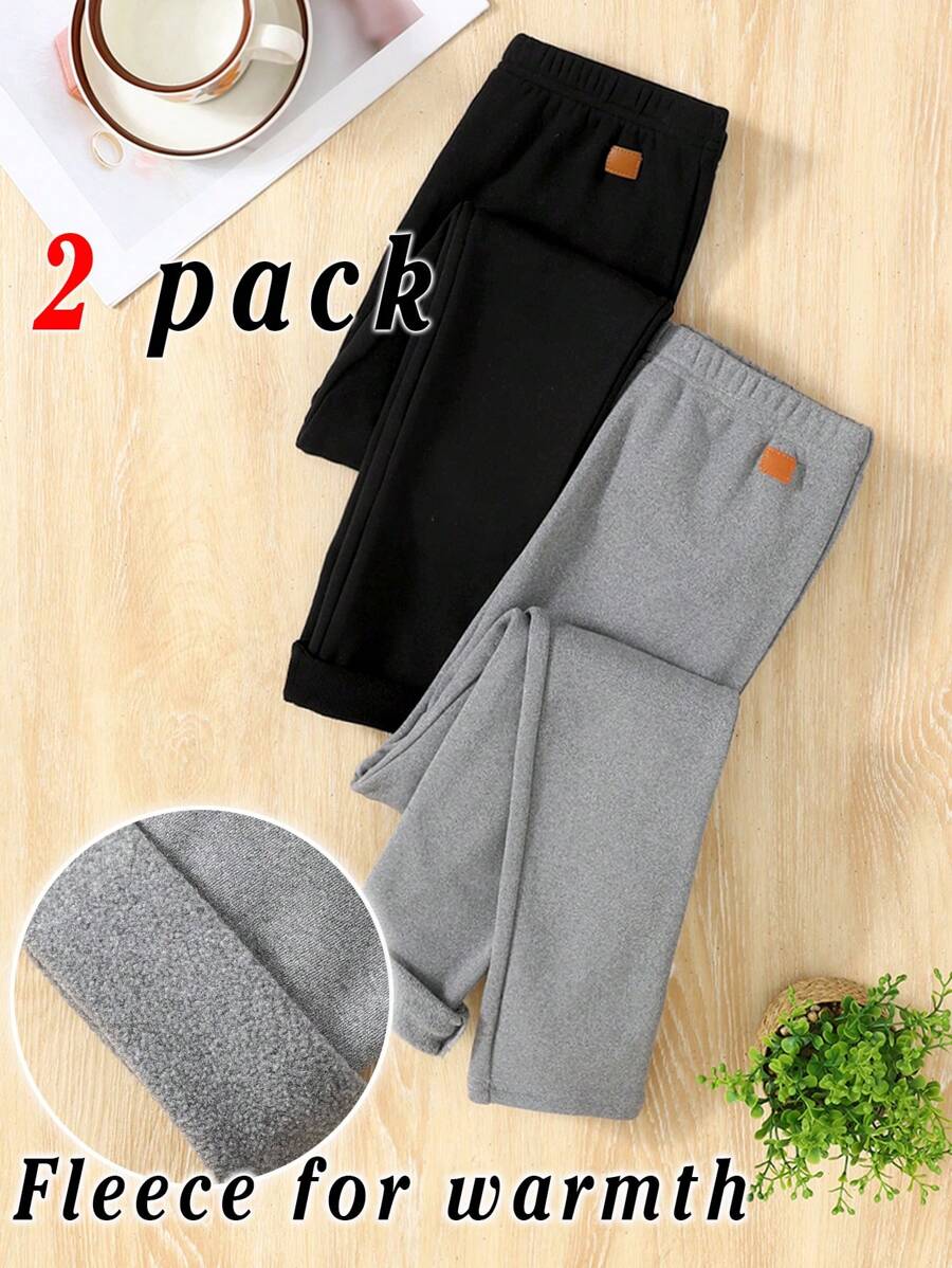 2pcs Tween Girls Casual Solid Color Knit Thermal Lined Leggings With Patch, Suitable For Autumn/Winter