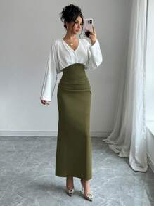 Firerie Đầm ôm tay dài màu trơn cổ chữ V cho nữ - xanh quân đội - Xem 4
