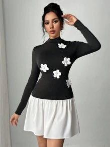 Chiquease Robe longue à motif floral 3D noir et beige pour femmes, automne/hiver