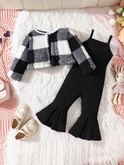 가을/겨울 베이비걸 체크무늬 플리스 재킷 & 솔리드 컬러 점프슈트 세트