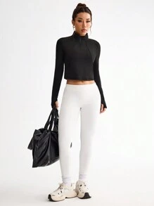 Gameset SHEIN Sport Sweatshirt Wanita Polos Sederhana untuk Olahraga Yoga, Model Crop dengan Resleting - Hitam - View 3