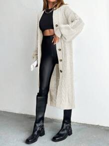 SHEIN PETITE Cable Knit Drop Shoulder Cardigan - Cream - View 5