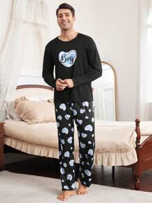 Manfinity Conjunto de pijama para hombres con estampado de letras y corazones de manga larga