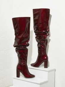 SHUZIA Round Toe Block Heel Ruched Fashion Boots Summer Shoes Spring Shoes Spring Break Easter - Burgundy - View 2