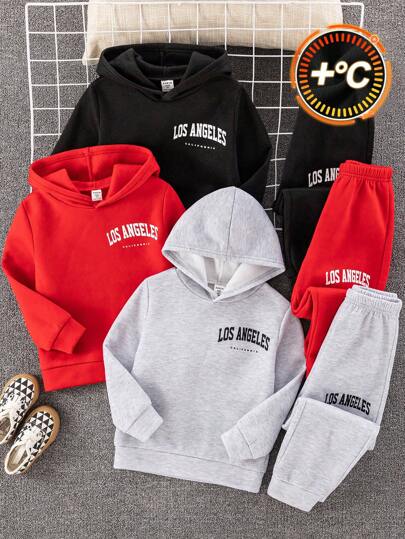 SHEIN 6 件儿童/青少年男童休闲字母图案套头连帽衫和休闲针织裤套装，3 种款式（红色、黑色和灰色），适合通勤、上学、休闲、度假、运动、所有季节