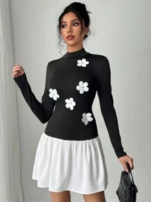 Chiquease Robe longue à motif floral 3D noir et beige pour femmes, automne/hiver