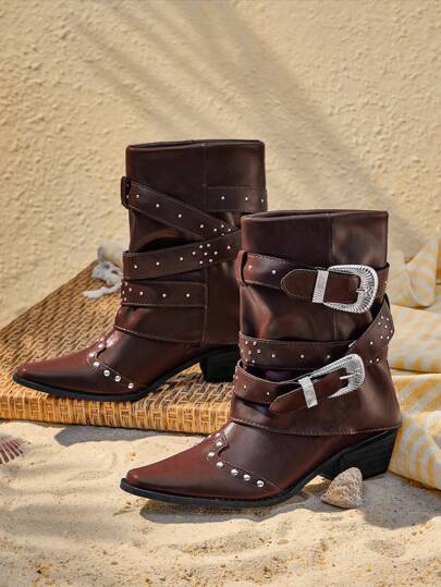بوت ركوب ذات أصبع مدبب باللون البني، بوت نسائية أنيقة تصل إلى منتصف الساق مزينة بالزوايات، تصميم جديد للخريف/الشتاء