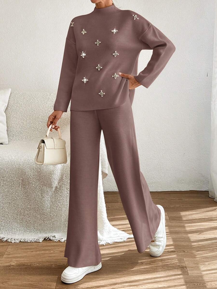 SHEIN Cottnline Women Sweater With Pearl Detailed And Knit Pant - Dusty Pink - View 1