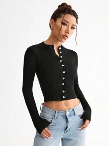 Easithlete Seamless High Elasticity Ribbed Button Sports Jacket - Black - View 5