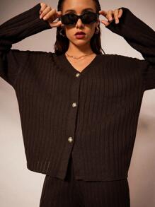 Forever 21 女士休闲纯色落肩宽松纽扣开衫，百搭 - 咖啡棕 - 查看 7