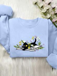 INAWLY Women's Round Neck Long Sleeve Cat Print Minimalist Sweatshirt, Casual Everyday Wear