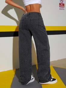 SHEIN ICON Low Waist Washed Leopard Print Straight Leg Jeans - Grey - View 2