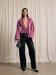 AiiRZ 个性泡泡袖衬衫，搭配同色系围巾，优雅前领带，维多利亚风格高腰缎面晚会上衣 - 紫色 - 查看 6