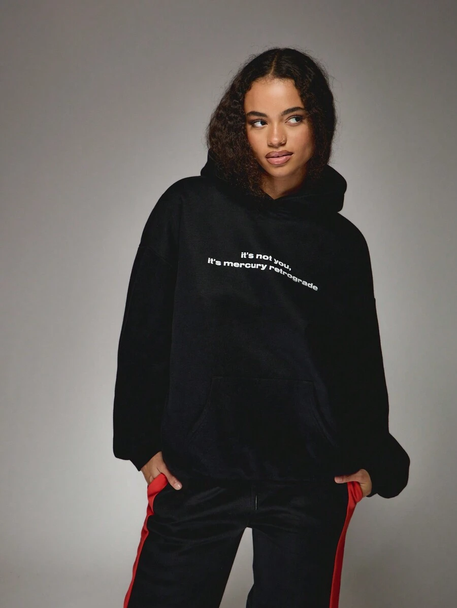 MISSGUIDED Mercury Retrograde Zodiac Astrology Horoscope Statement Oversized Pullover Hoodie Winter Loungewear Cozy Fleece Astrological Gift - Black - View 1