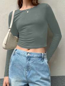 INAWLY Women Simple Solid Color Tight-Fitting Round Neck Long Sleeve Cropped T-Shirt