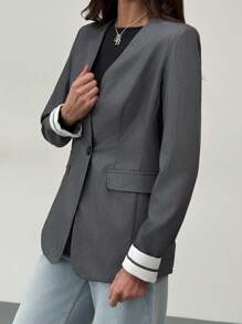 Aloruh Women Front Button Long Sleeve Pocket Simple Blazer, Casual For Daily Wear