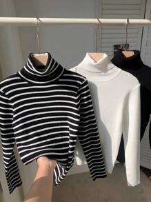 Comfortcana 3pcs Turtleneck Ribbed Solid & Stripe Knit Sweater