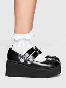 ROMWE Kawaii Women Platform Round Toe Punk Style Thick Sole Buckle Strap High Heels Shoes, Black New Year Holiday