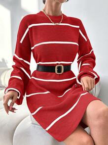EURMUSE Damen gestreiftes Rundhals Pullover-Kleid mit Langarm, gestrickt - Verschiedenfarbig - Übersicht 5