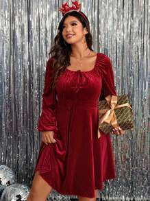SHEIN Clasi Đầm dự tiệc Giáng sinh tay đèn lồng buộc nơ nhung đỏ cỡ lớn cho nữ, trang phục mùa thu màu đỏ tía cho nữ - Màu Đỏ Sâu - Xem 3
