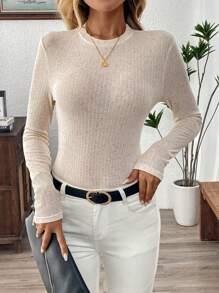 EMERY ROSE Spring Clothes Women's Solid Color Stand Collar Ribbed Slim-Fit Long Sleeve T-Shirt
