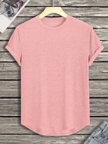 Manfinity Dauomo Men's Solid High Low Hem Short Sleeve Tee For Summer - Watermelon Pink - View 1