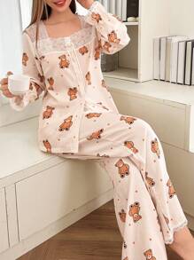Dream Adore Cute Teddy Bear Print Contrast Lace Women Pajama Set