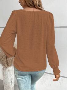 EMERY ROSE 休闲纯色蕾丝边泡泡袖衬衫，秋季 - 卡其色 - 查看 2