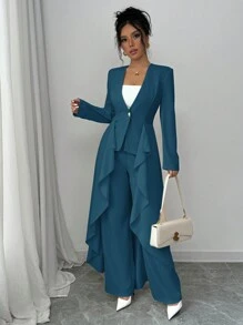 Selianne Áo khoác blazer hai mảnh thanh lịch, thắt eo, viền bèo nhún, cài một nút, dài tay và quần, dành cho nữ - Màu xanh ngọc - Xem 4